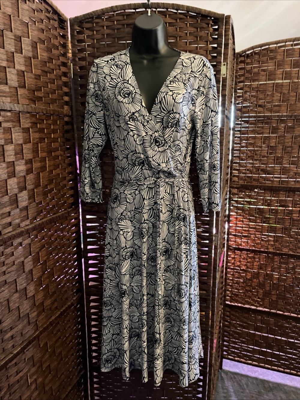 Floral Wrap-Style Midi Dress in Blue and White